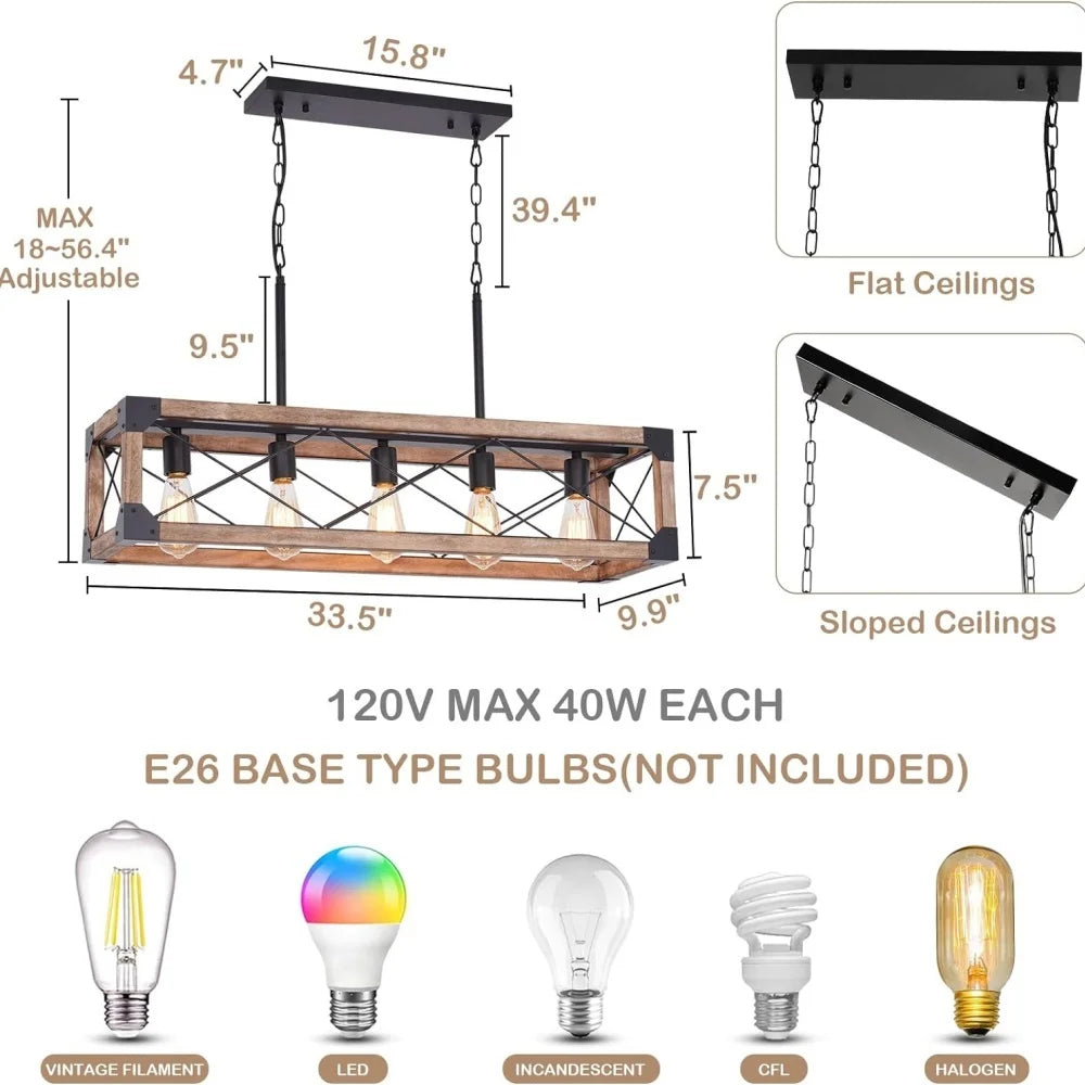 Farmhouse Kitchen Island Lighting 5 Light Wood Chandelier for Dining Room Adjustable Height Pendant Lamp Fixture for Bar Table