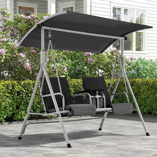 2 Seat Outdoor Porch Swing,Patio Swing with Adjustable Canopy,Heavy Duty 650 LBS Outdoor Swing with Pivot Storage Table & 2 Cup