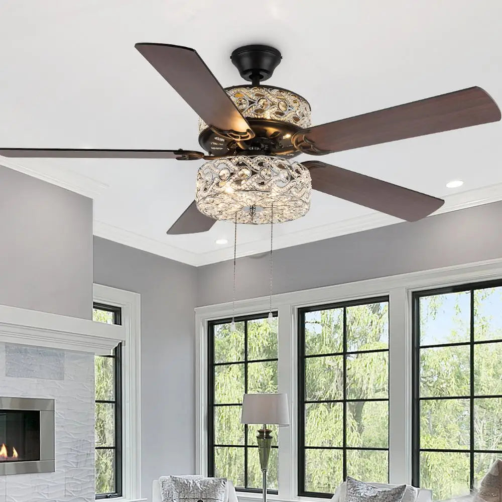 52 Inch 5 Blade Crystal LED Ceiling Fan with Light Reversible Blades Three Speed Motor Flush Mount Downrod Installation