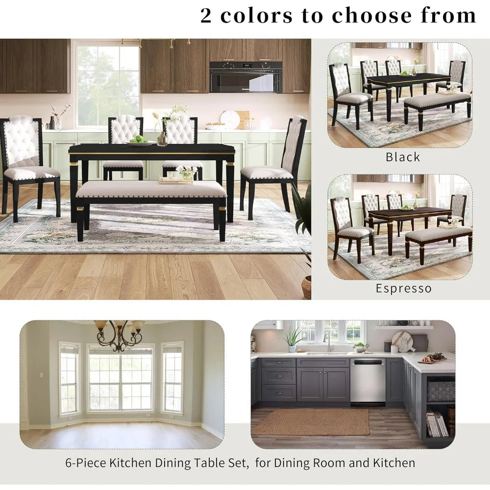 6-Piece Solid Wood Dining Table Set, Modern Elegant 60" Rectangular with 4 High-Back Tufted Upholstered Chairs + 1 Bench for Ki