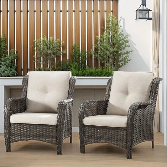 Patio Wicker Patio Chairs Set of 2, Outdoor Dining Chairs with 3.5-inch Seat Cushions, High Back and Curved Armrest for Garden