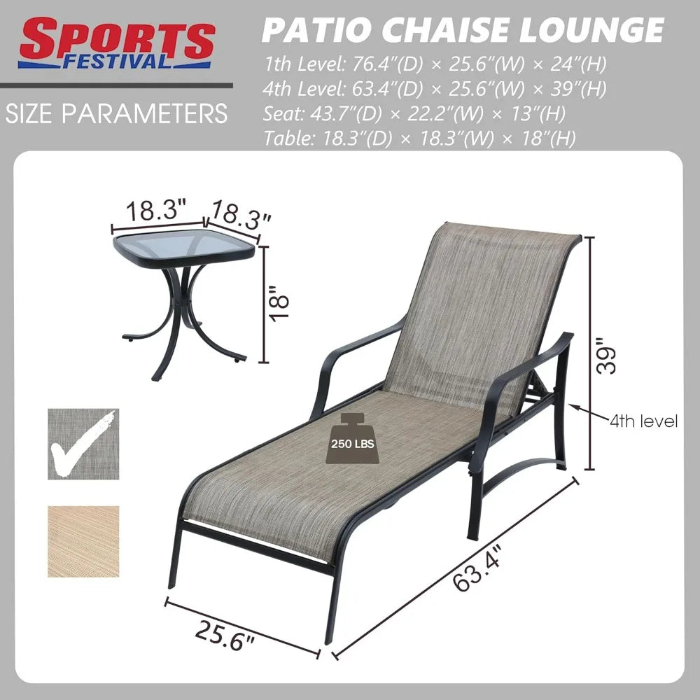 3 Pcs Chaise Lounge Set of 2 Patio Chairs with Adjustable Backrest in 4 Reclining Levels and 1 Metal Bistro Table with Tempered