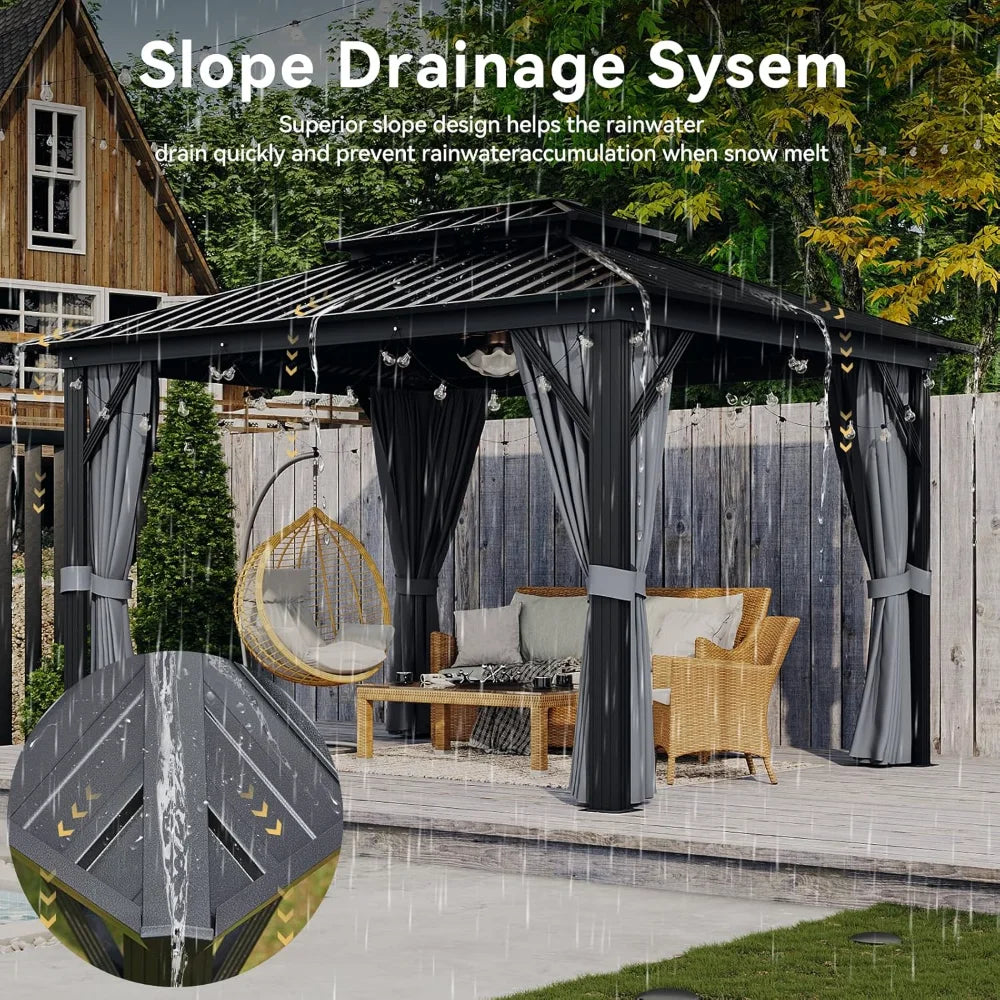 10'x12' Hardtop Gazebo, Aluminum Frame Canopy with Double Galvanized Steel Roof, Outdoor Metal Pavilion with Netting, Curtains