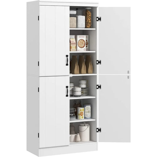 70" Kitchen Pantry Cabinet, Freestanding Storage Cabinet with 4 Doors and 2 Adjustable Shelves for Dining Room, White