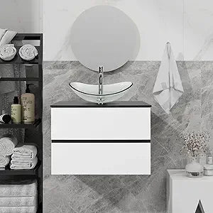 30-Inch Black and White Wall Mounted Bathroom Vanity Cabinet with 2 Drawers and Silver Boat Glass Sink