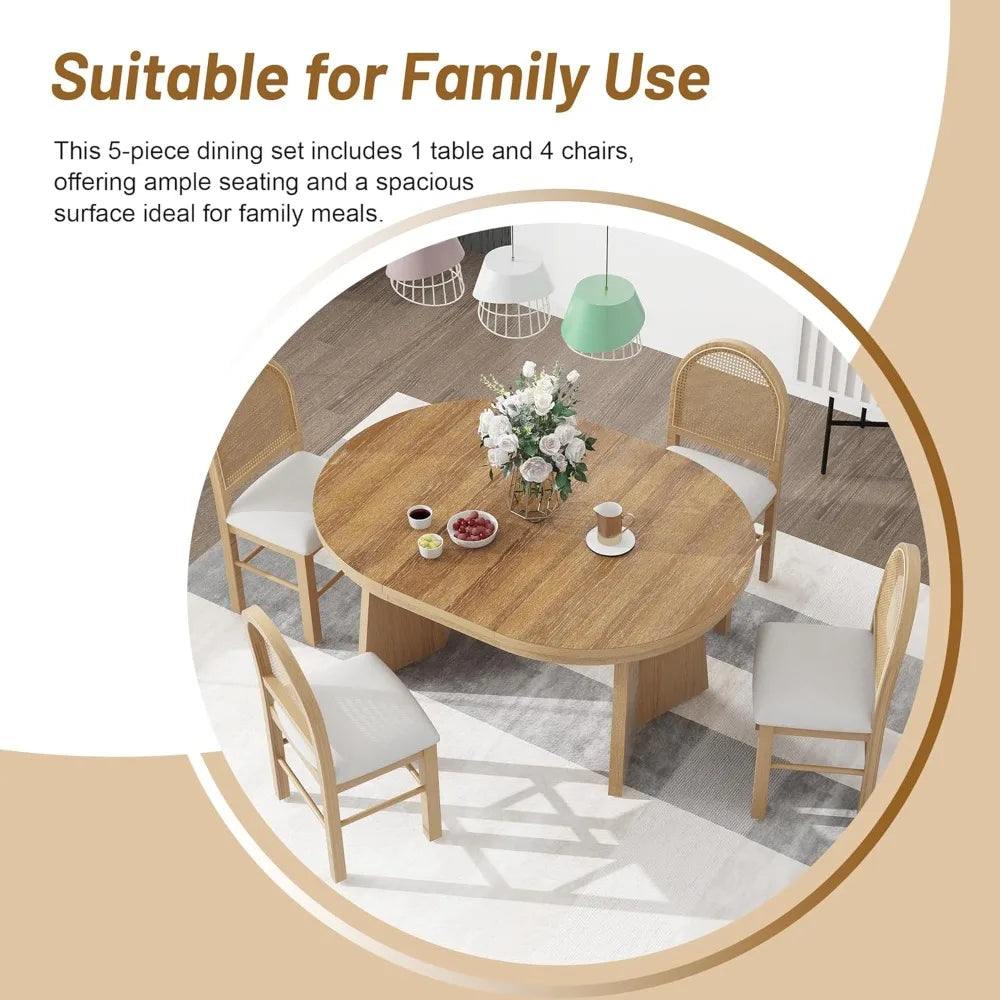 5-Piece Retro Functional Dining Set, Solid Wood Extendable Dining Table with 4 Upholstered Chairs and Rattan Backrests