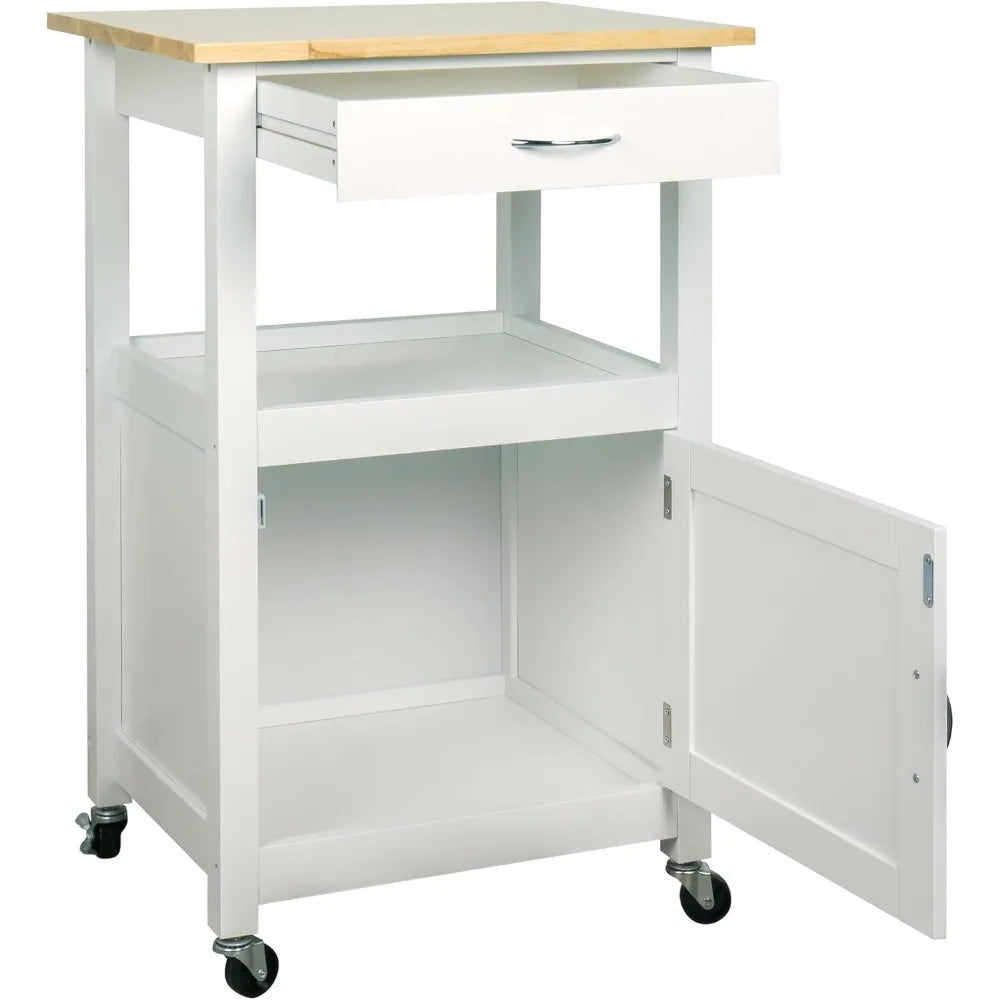 Kitchen Island Cart on Wheels with Drawer, Storage Cabinet, Shelf and Natural Solid Hardwood Top,