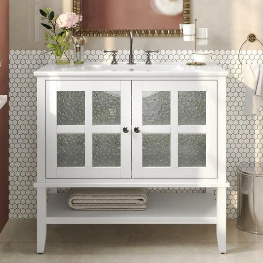 36" Bathroom Vanity with Ceramic Sink and Adjustable Open Shelf, Solid Wood Legs, Waterproof Finish, Silver Knobs, Soft Close