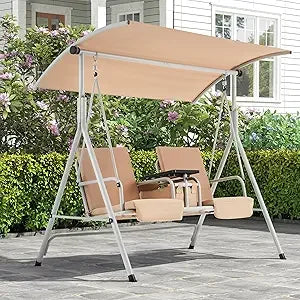 2 Seat Outdoor Porch Swing,Patio Swing with Adjustable Canopy,Heavy Duty 650 LBS Outdoor Swing with Pivot Storage Table & 2 Cup