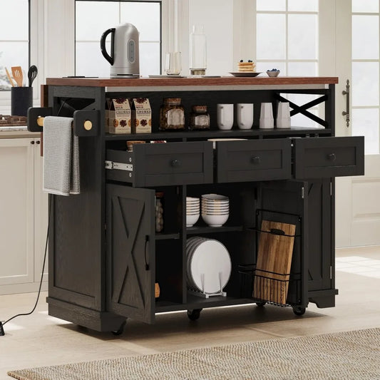 Farmhouse Kitchen Island with Beaded Drape, Rolling Kitchen Storage Cart on Wheels with Drop Leaf and Power Outlet, 3 Doors, 3 D