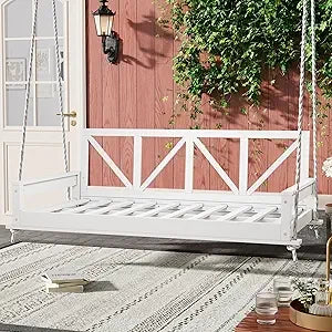 Patio Twin Size Garden Swing Bed, Acacia Wood Porch Swing Hanging Bed Frame with 16.4ft Hemp Ropes for Garden, Backyard, Brown