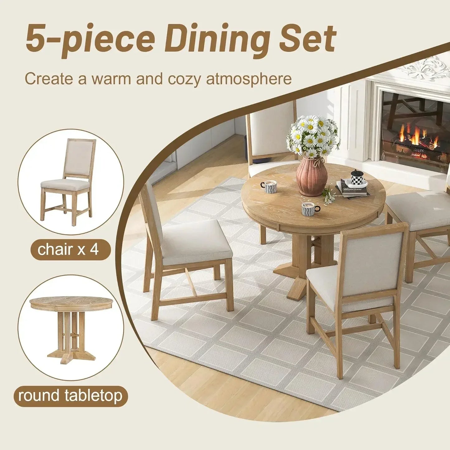 5-Piece Farmhouse Round Dining Table Set with Extendable Round Table and 4 Upholstered Chairs, Compact Table Set for Kitchen