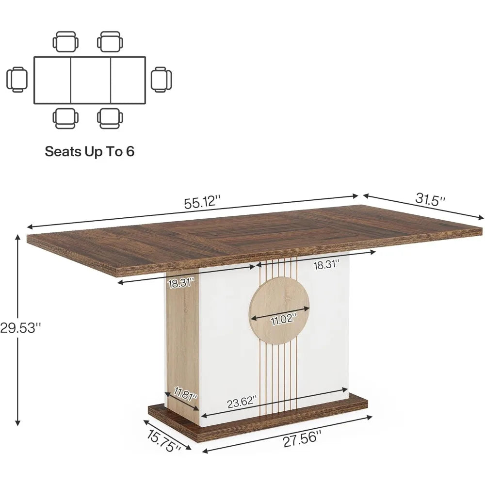 55" Rectangular Dining Table for 4 to 6 People, Farmhouse Wood Dinner Table for Kitchen, Dining Room & Living Room, Oak Brown &