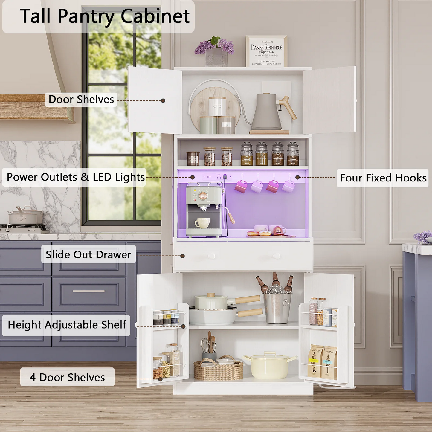 Satifur Tall 71 inch Kitchen Pantry Storage Cabinet with Doors, Drawer, Farmhouse Pantry Cabinet with Power Outlet & LED Light