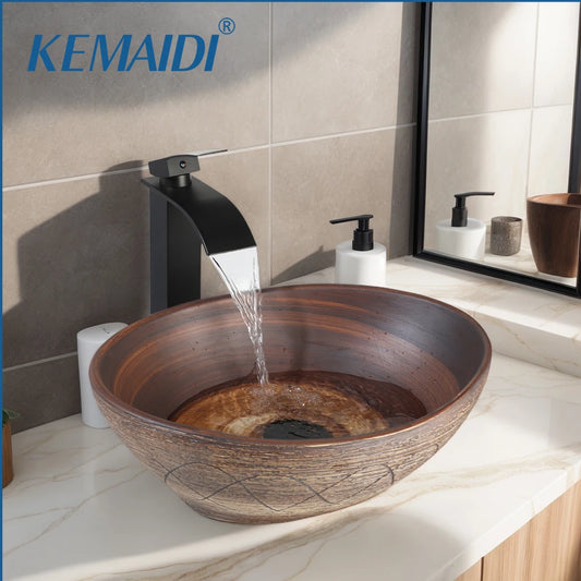 KEMAIDI Ceramic Vessel Sink with Faucet and Drain Combo Brown Bathroom Sink Above Counter Oval Sinks Bowl Artist Porcelain Basin