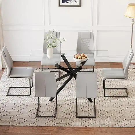 Modern Dining Table Set for 6, 63" Dinner Table Set for 6,Marble-Patterned Tempered Glass Kitchen Tabletop Silver Legs and 6 Bla