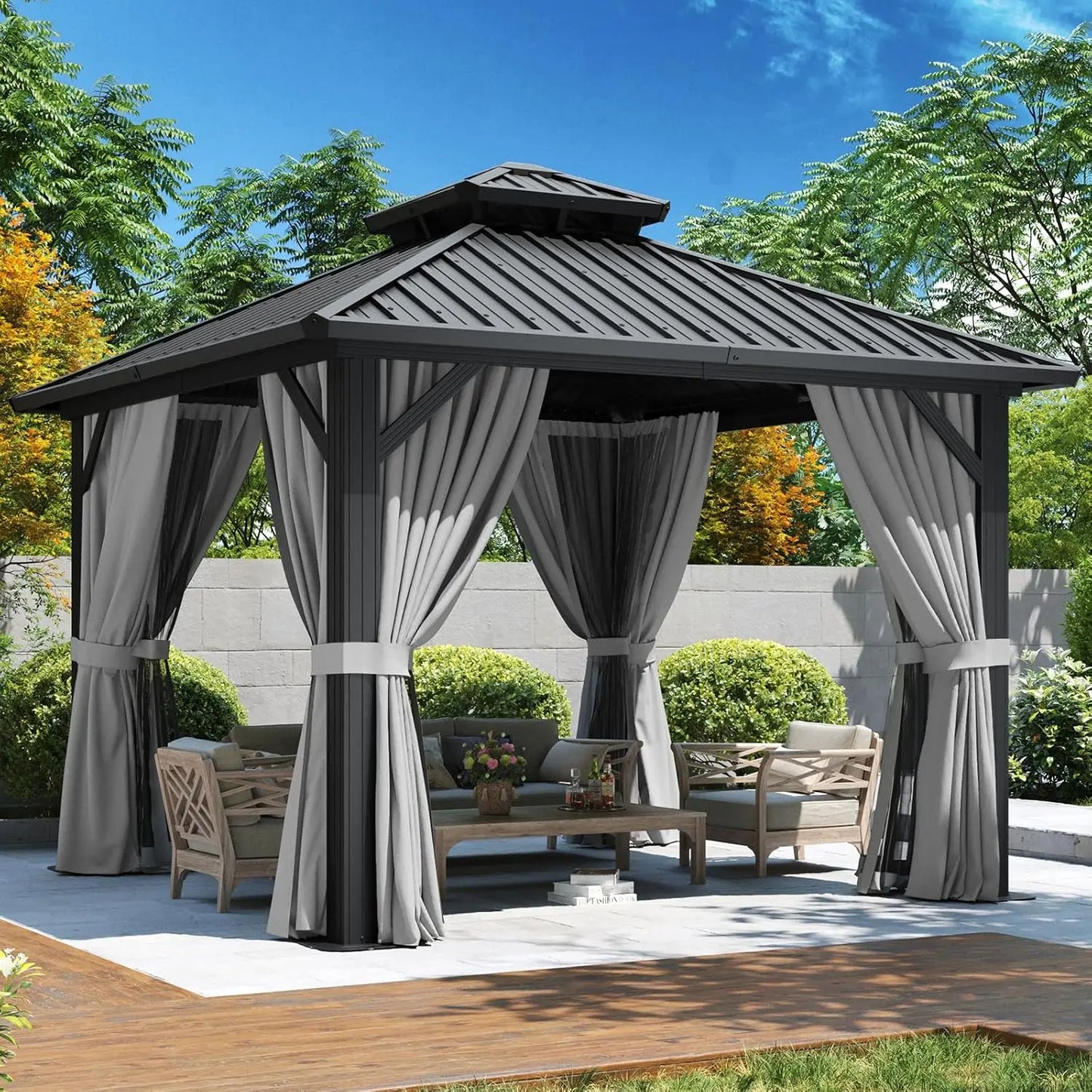 10'x12' Hardtop Gazebo, Aluminum Frame Canopy with Double Galvanized Steel Roof, Outdoor Metal Pavilion with Netting, Curtains