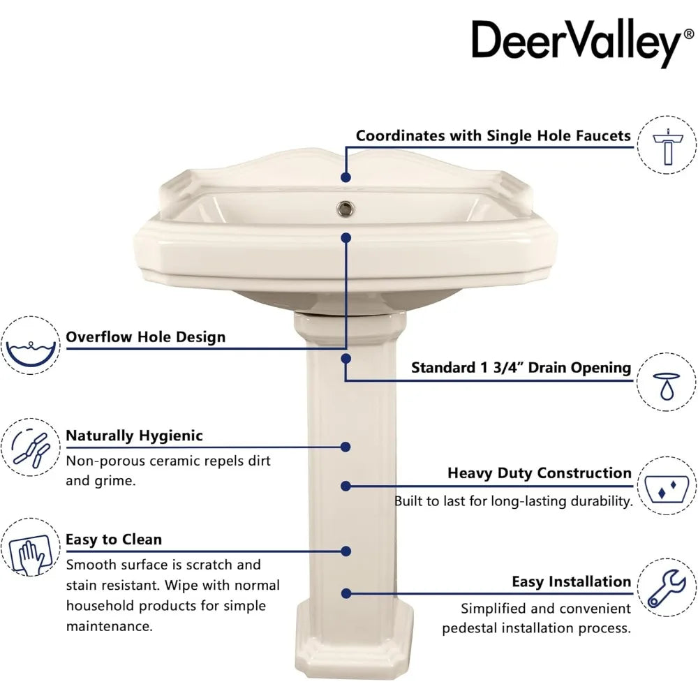 DeerValley - 23" x 19" Inch Bone Color Pedestal Sink Combo, Ceramic Pedestal Sink for Bathroom, with Overflow Hole 1 Faucet Hole