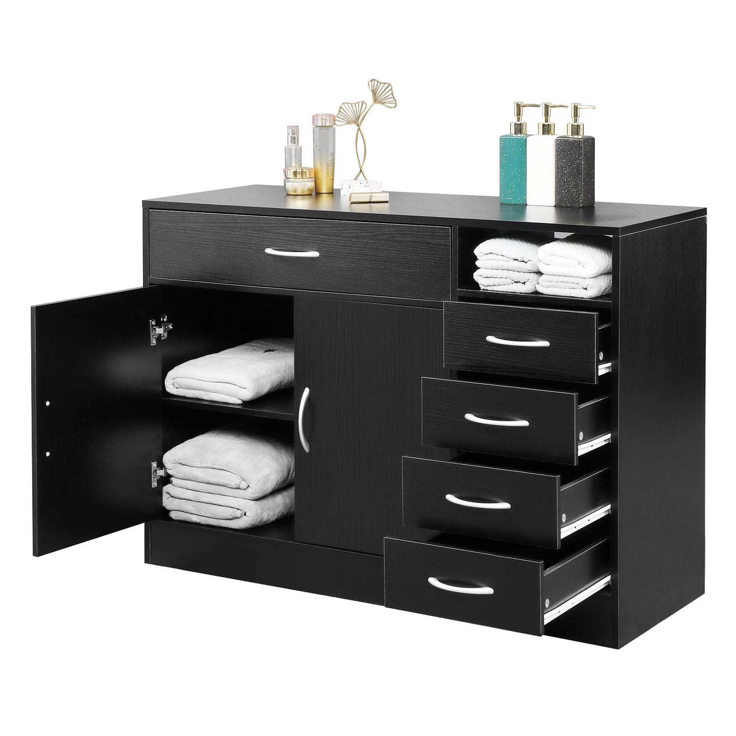 MDF With Triamine Double Doors And Five Drawers Bathroom Cabinet Black