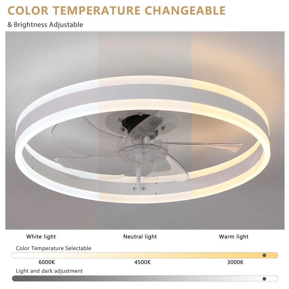 20 Inch Bladeless Ceiling Fan with Remote Dimmable LED Light 6 Speed Control Quiet Motor Energy Efficient Flush Mount Design