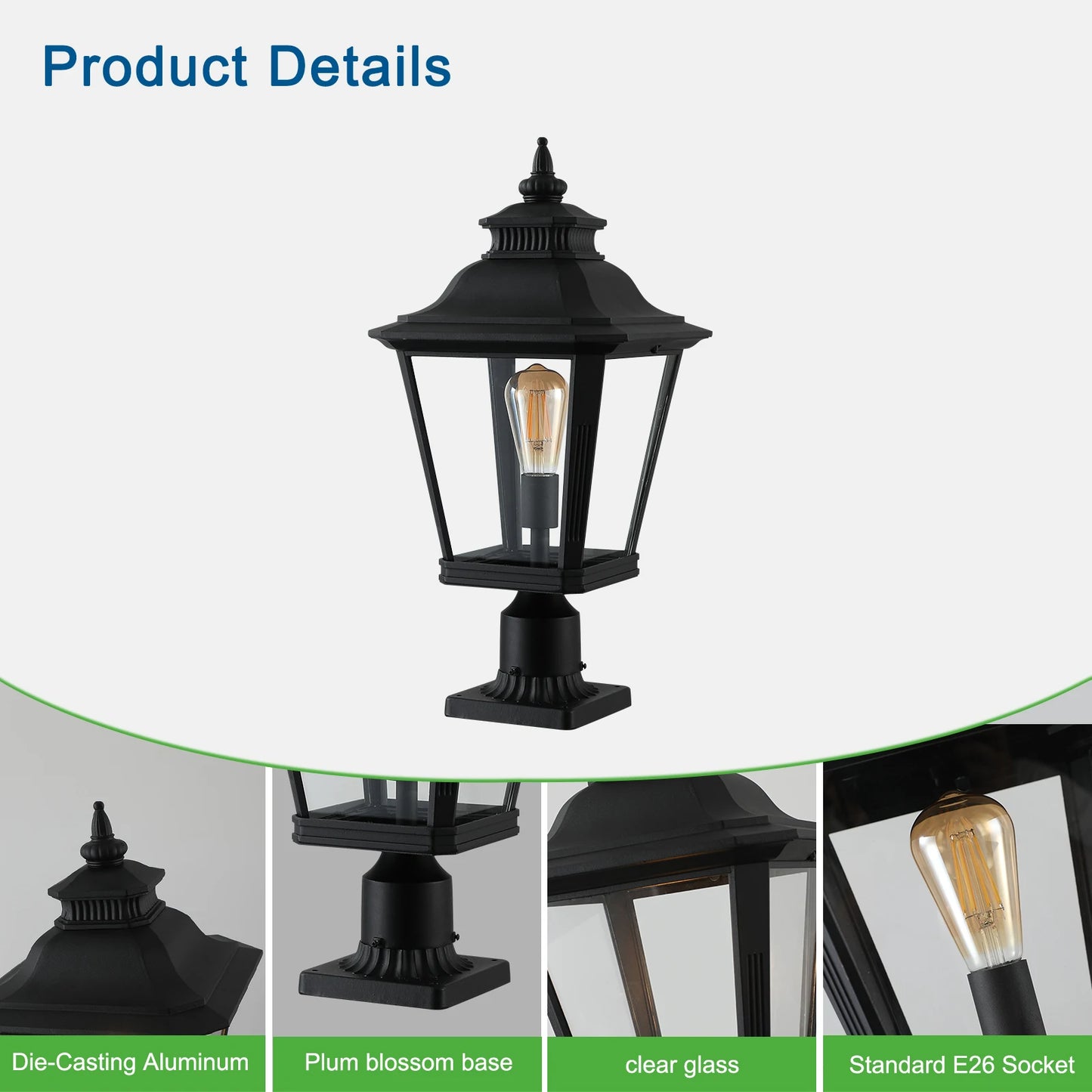 Outdoor Post Light, Black Finish Classic Lantern with Clear Glass Panels, Waterproof Exterior Lighting Fixture