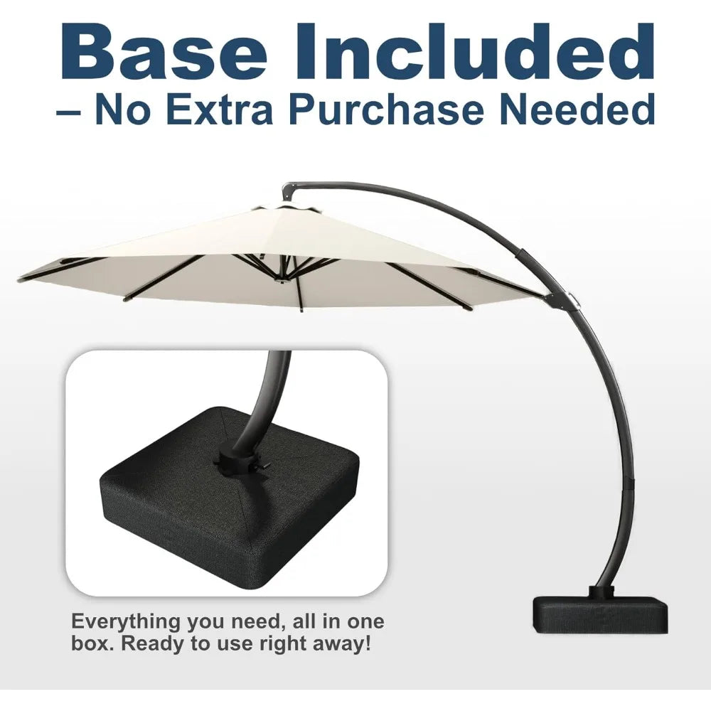 11FT Cantilever Umbrella with Base Large Curvy Outdoor Aluminum Offset Umbrella w/ 360° Rotation, UV Resistant Canopy for Patio