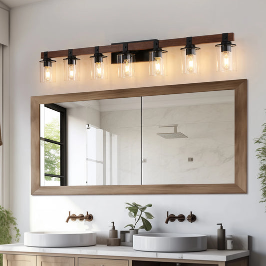 Industrial Vintage 7-Light Wall Sconce - Black Cage Wall Lighting Fixture with Wooden Accents