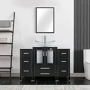48" Modern Bathroom Vanity Sink Combo Black W/Small Side Cabinets Clear Boat Glass Vessel Sink & Water Save Faucet & Pop Up Dra