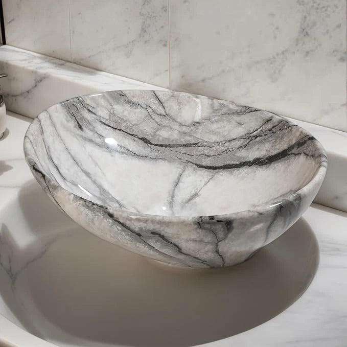 ZAPPO Marbling Oval Vessel Sink 16.4 Inch Bathroom Ceramic Sinks Above Counter Porcelain Basin Bowl for Modern Small Bathroom US