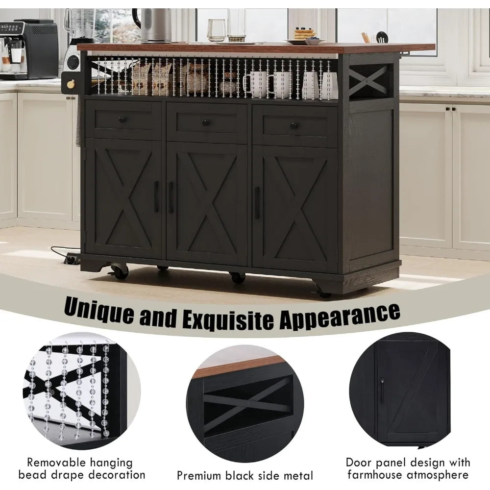 Farmhouse Kitchen Island with Beaded Drape, Rolling Kitchen Storage Cart on Wheels with Drop Leaf and Power Outlet, 3 Doors, 3 D