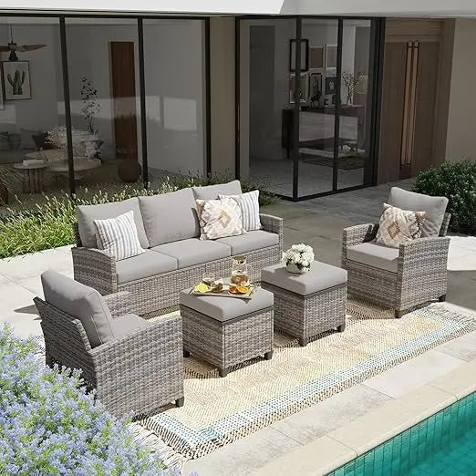 Patio Furniture Set, Modular Patio Set Wicker Outdoor Sectional Sofa Set PE Rattan Wicker Patio Conversation Set with T