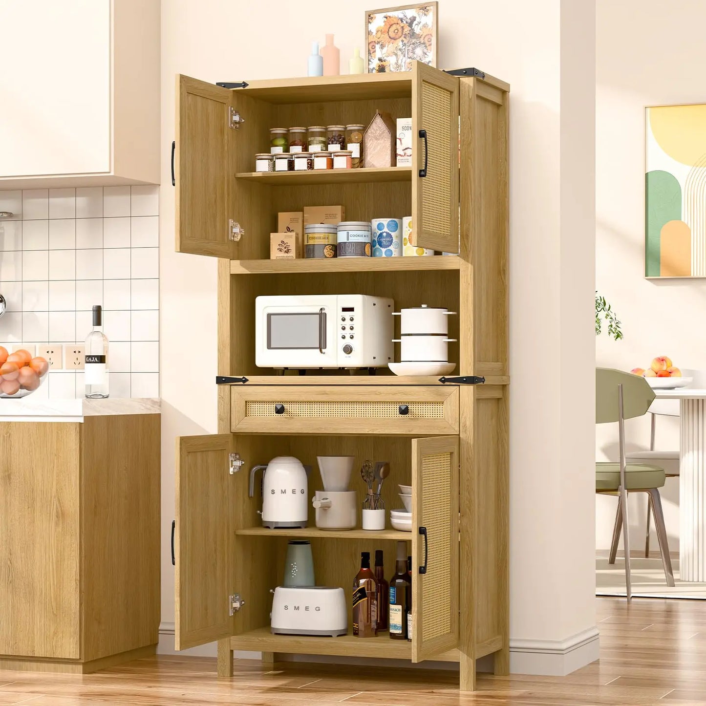 Vabches Kitchen Pantry Cabinet with Drawer & 4 Rattan Doors 69'' Tall Freestanding Wood Storage Cabinet for Kitchen Living Room
