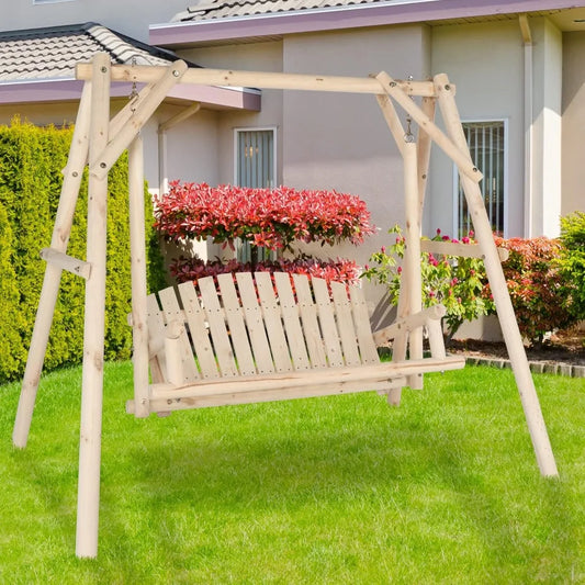 Heavy Duty 880 LBS Wooden Patio Porch Swing with A-Frame Stand, Hanging Swing Bench Chair with Frame for Outside, Yard, Garden