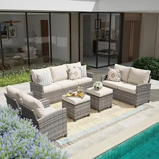 Patio Furniture Set, Modular Patio Set Wicker Outdoor Sectional Sofa Set PE Rattan Wicker Patio Conversation Set with T