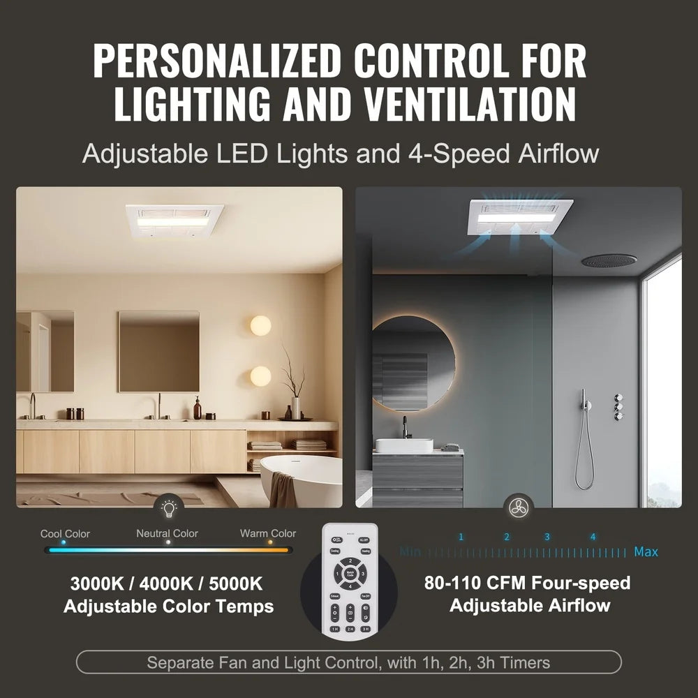 Bathroom Vent Fan 1500W Heater 110 CFM Quiet Efficient Ceiling Mount LED Light Easy Install Bathroom Kitchen Gym Laundry