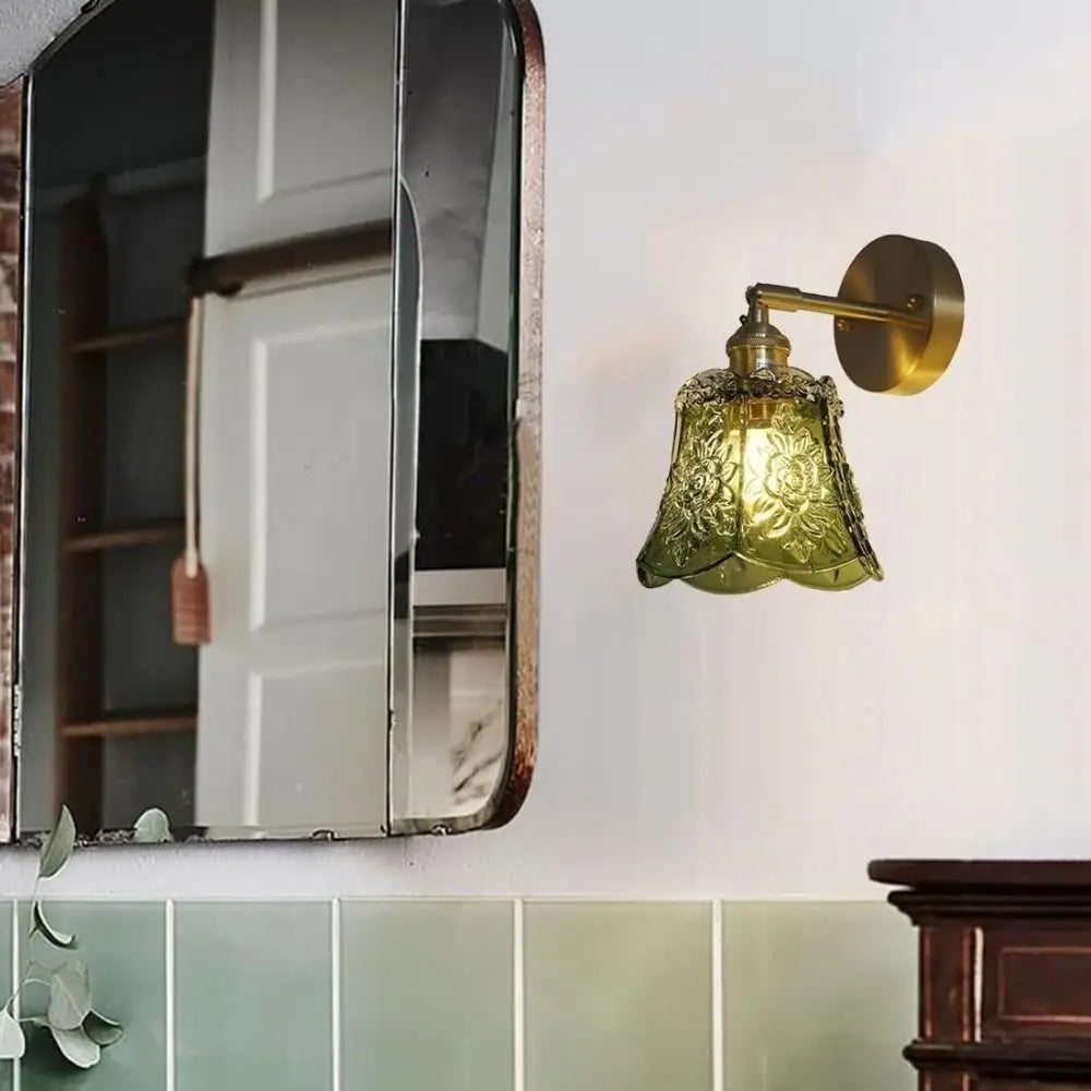 Flower Design LED Wall Light Green Glass Wrought Iron Bedside Wall Lamp E26/E27 Base Energy Saving Bathroom Mirror Light