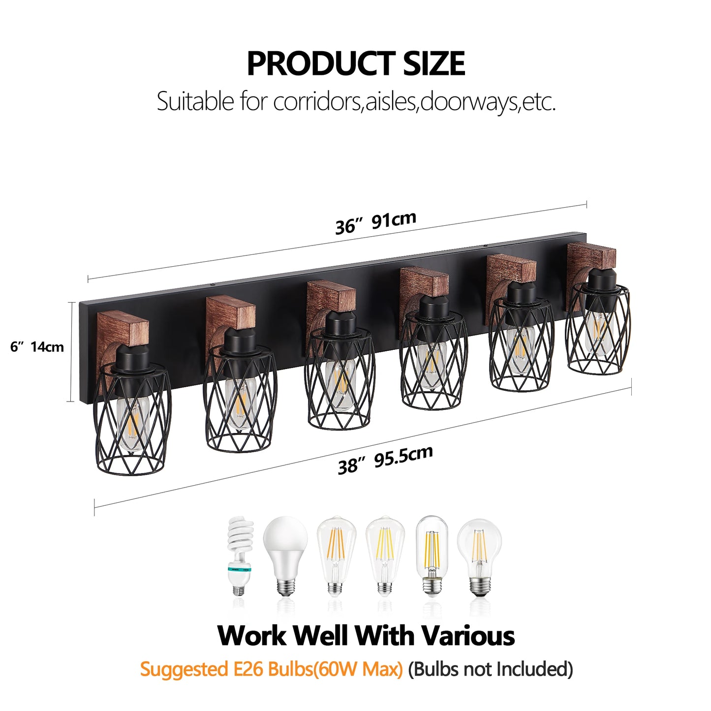 38" Industrial Vintage 6-Light Wall Sconce - Black Cage Wall Lighting Fixture with Wooden Accents