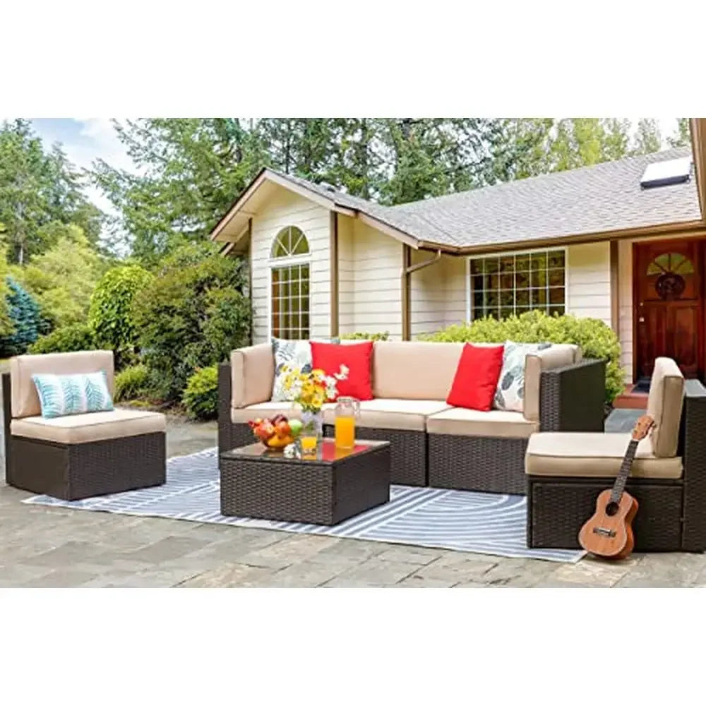 Outdoor Patio Furniture Set Wicker Rattan Sectional Sofa Glass Coffee Table Beige Cushions Gift Seat
