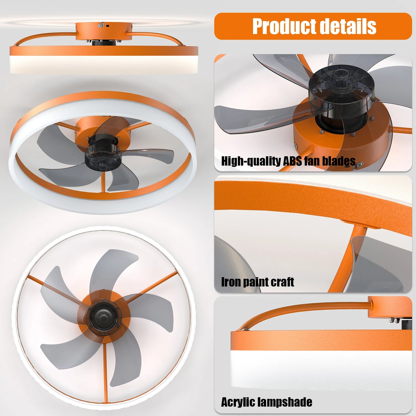 Orange Modern Ceiling Fan with LED Light, Low-Profile Flush Mount,6-Speed Adjustable, Ideal for Bedroom and Living Room