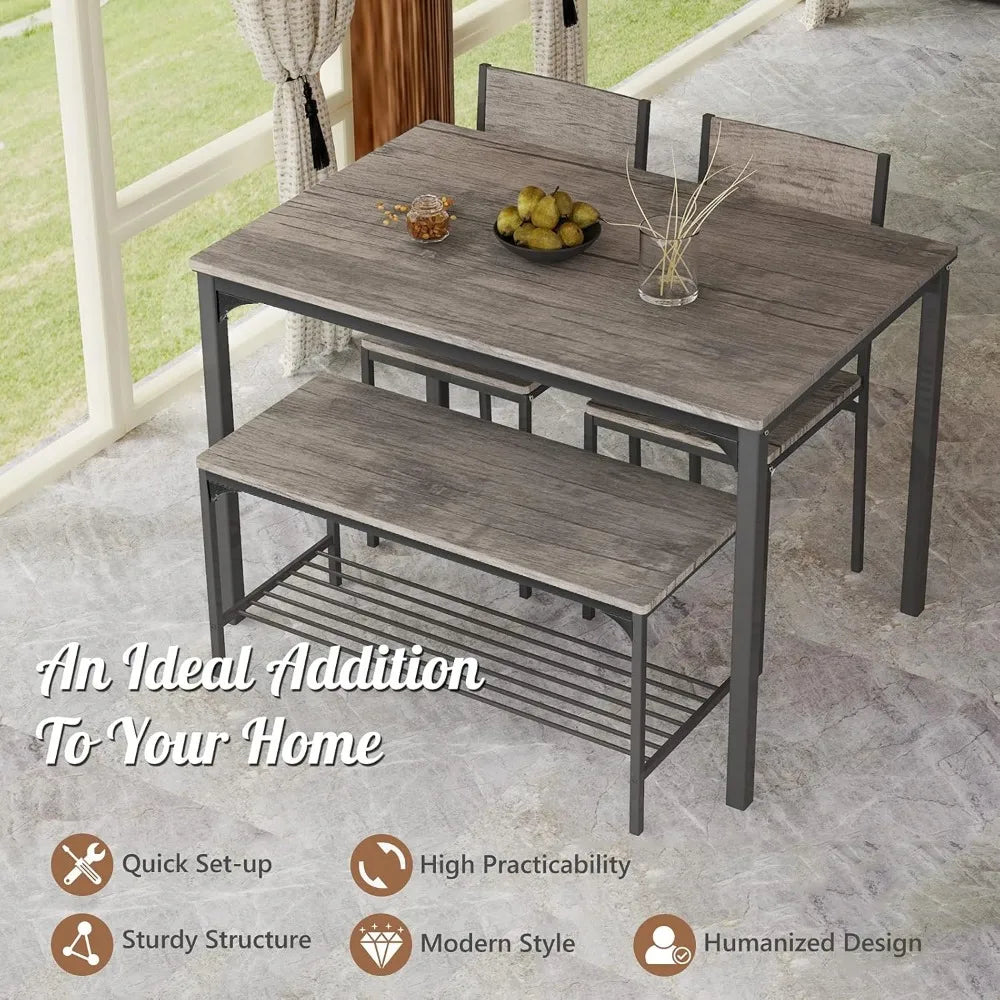 Dining Table Set for 4, Kitchen Table with Bench and Chairs, Industrial Gathering Bench Dining Set W/Metal Frame & Storage Rack