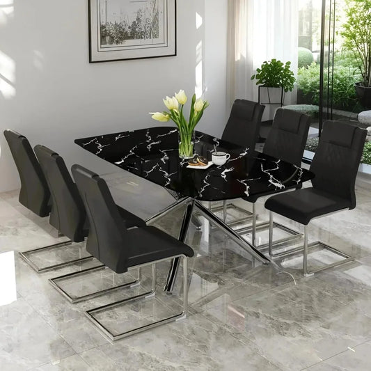 Modern Dining Table Set for 6, 63" Dinner Table Set for 6,Marble-Patterned Tempered Glass Kitchen Tabletop Silver Legs and 6 Bla