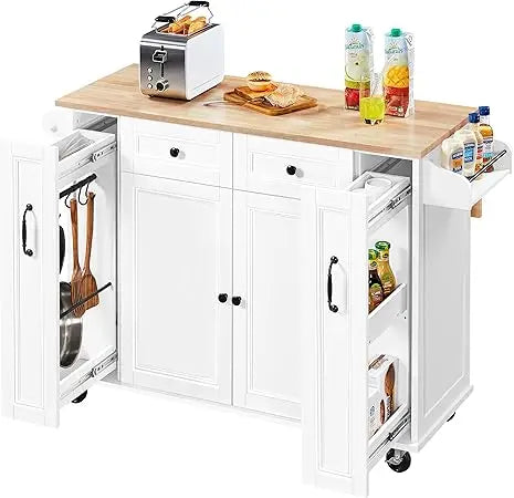 52"W Kitchen Island with Drop-Leaf Breakfast Bar and 2 Pull-outs, Kitchen Cart on Lockable Wheels with Rubberwood Top & 2 Drawe