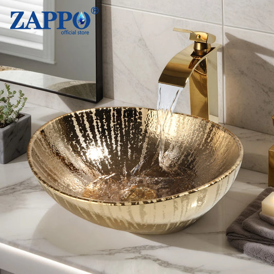 ZAPPO Gold Ceramic Bathroom Vessel Sink Oval Bathroom Sink Above Counter Vessel Sinks for Bathrooms Vintage Bowl Small Sink US