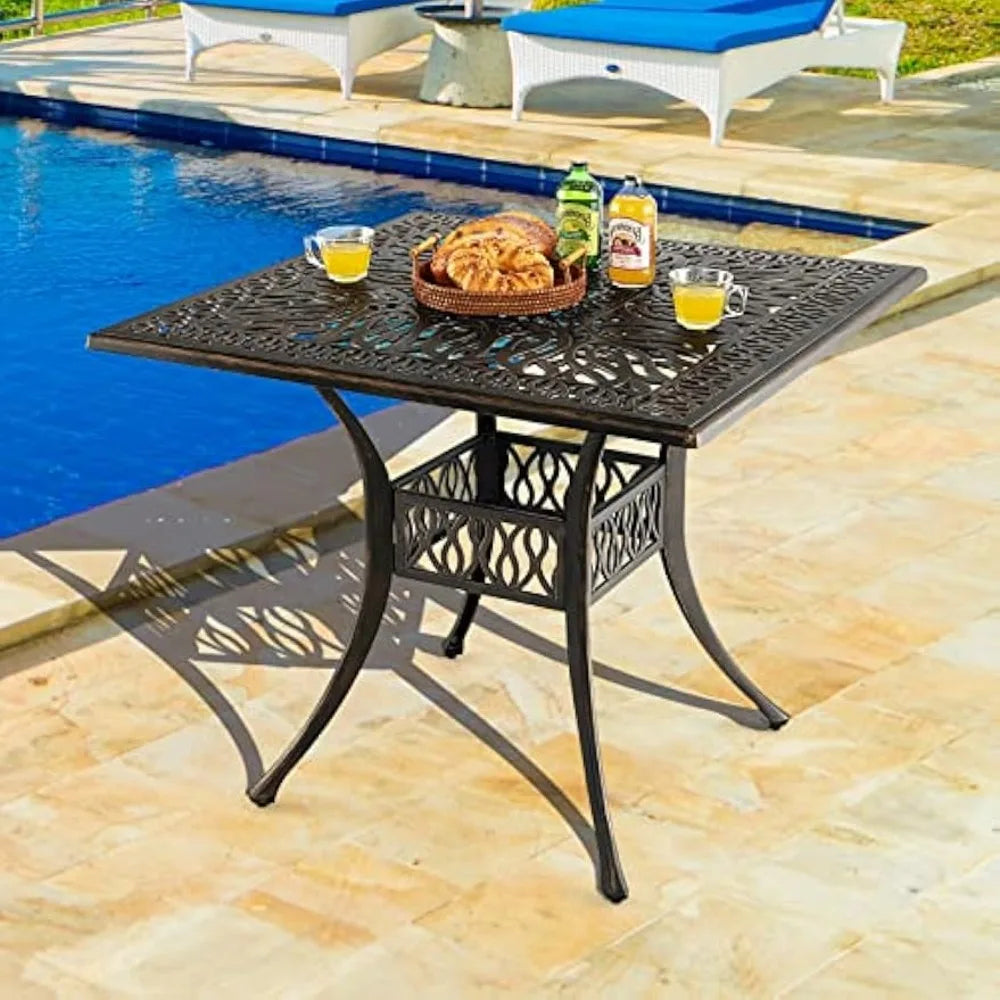 35.4 inches outdoor dining table, all-weather cast aluminum table with 2.2” umbrella hole, 4 person square dining table for gar