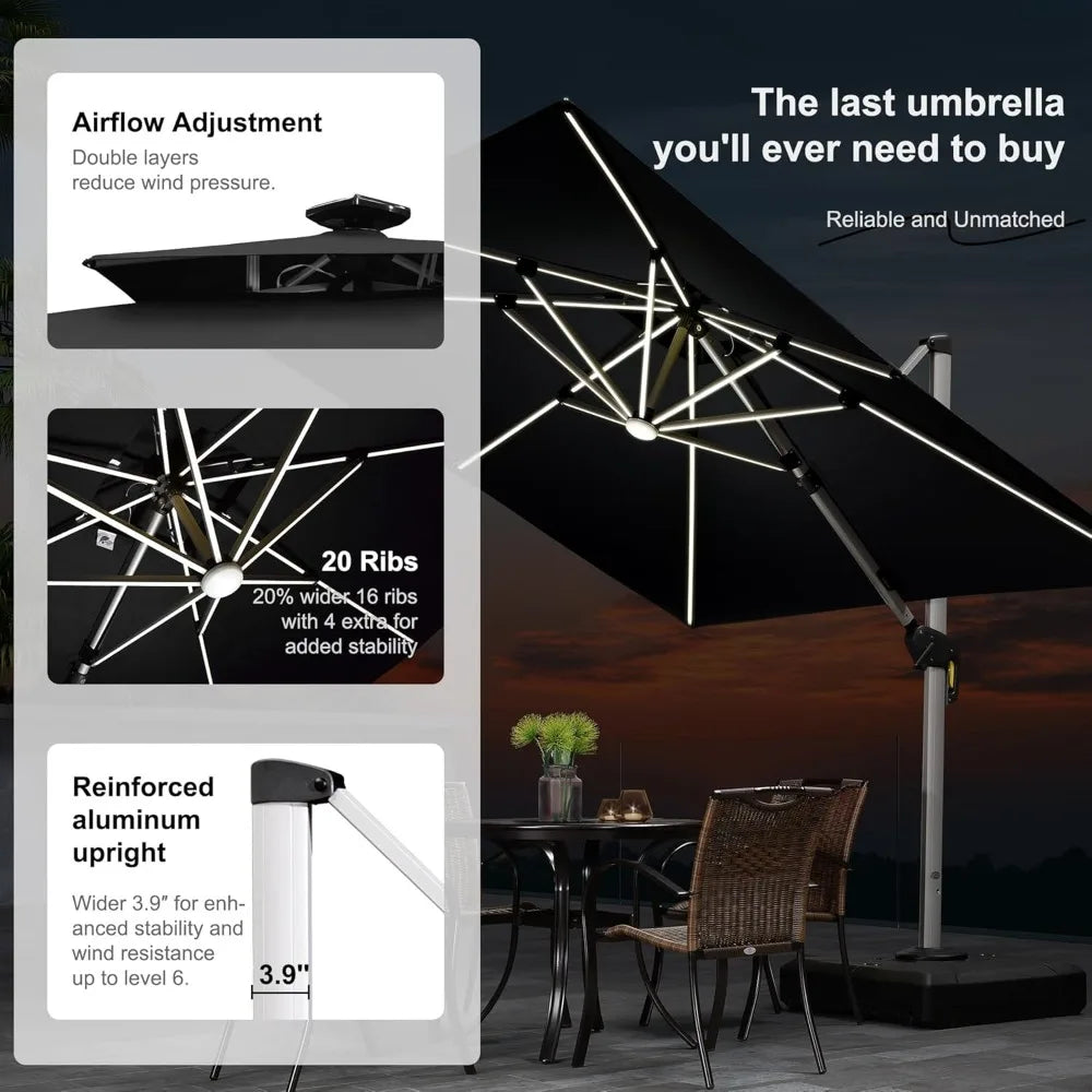 10 Feet Double Top Deluxe Solar Powered LED Square Patio Umbrella Offset Hanging Umbrella Outdoor Market Umbrella Garden Umbrel