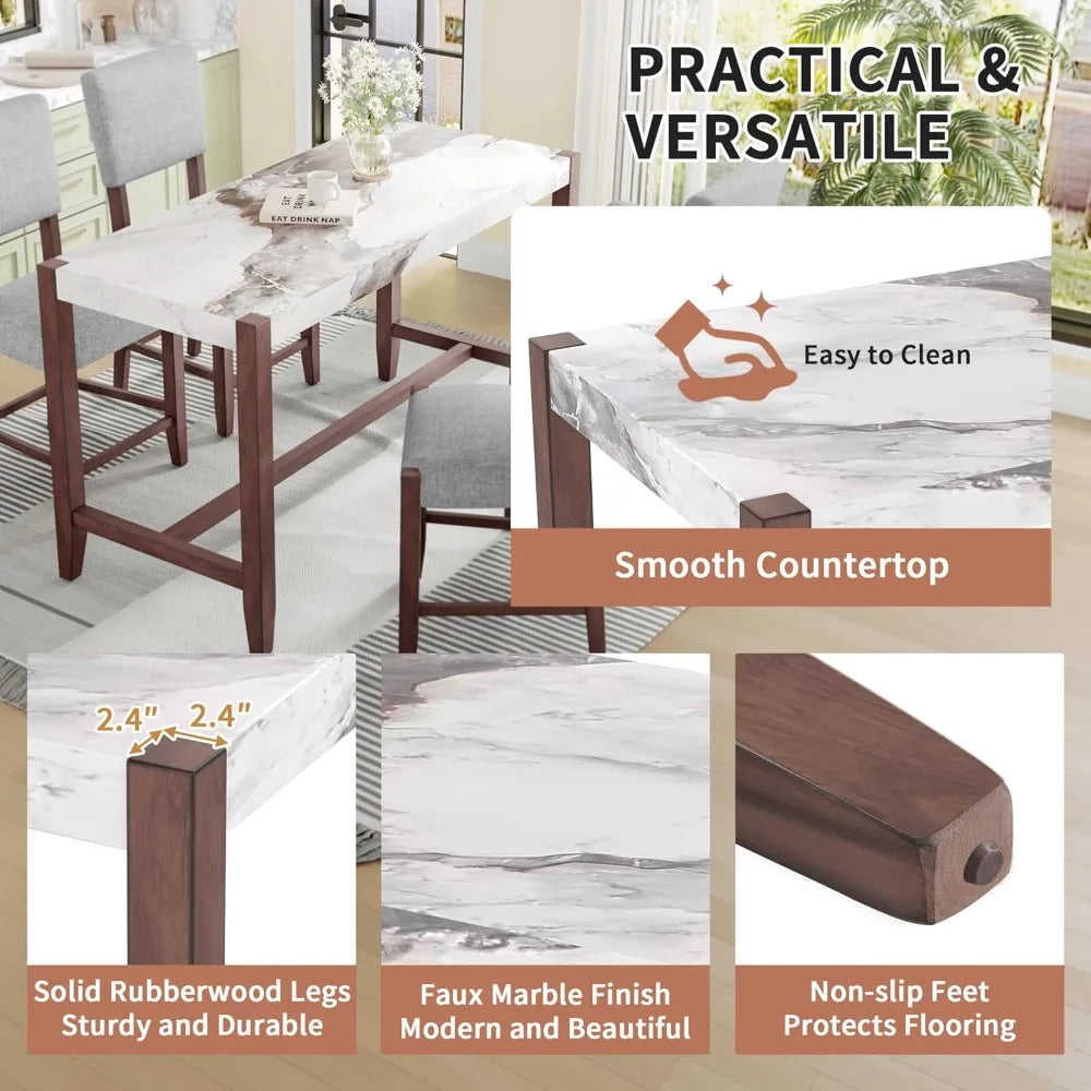 5-Piece Counter Height Dining Set with 1 Faux Marble Top Bar Table and 4 Upholstered Chairs, Mid-Century Modern Kitchen Table S