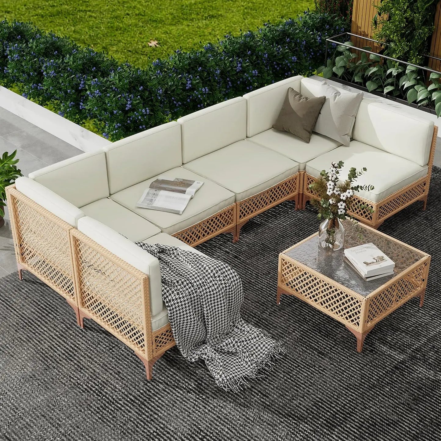 7-Piece Boho Wicker Outdoor Sectional: Patio Sofa with Glass Coffee Table & Thickened Waterproof Cushions
