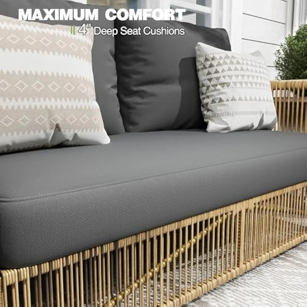 "Patio Furniture Set 4 Pieces, Outdoor 4-Seat Sofa with 2-Tier Coffee Table & Waterproof Thick Cushions – Deep Seating Comfort"
