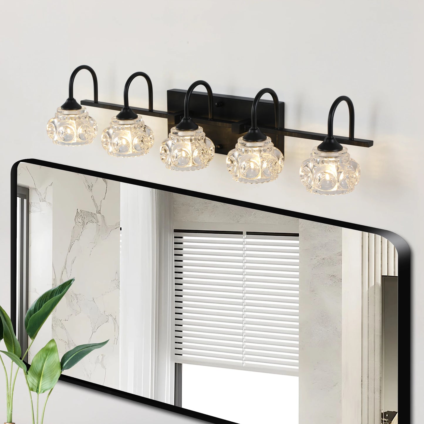 29" Retro 5-Light Bathroom Vanity Light Fixture - Black Finish with Crystal Glass Shades, Wall Mounted Lighting
