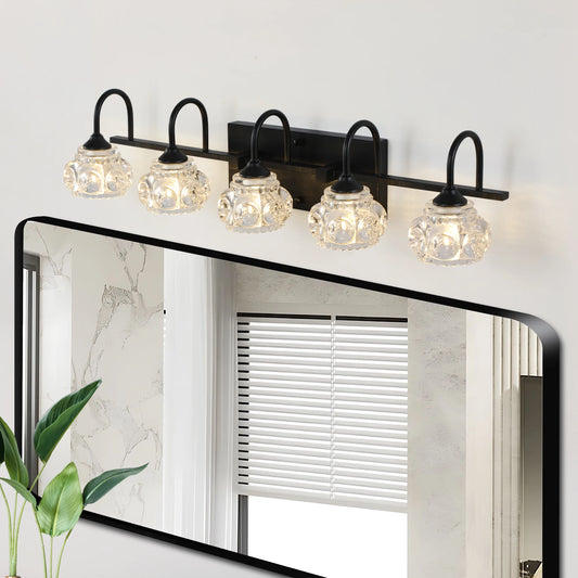 29" Retro 5-Light Bathroom Vanity Light Fixture - Black Finish with Crystal Glass Shades, Wall Mounted Lighting